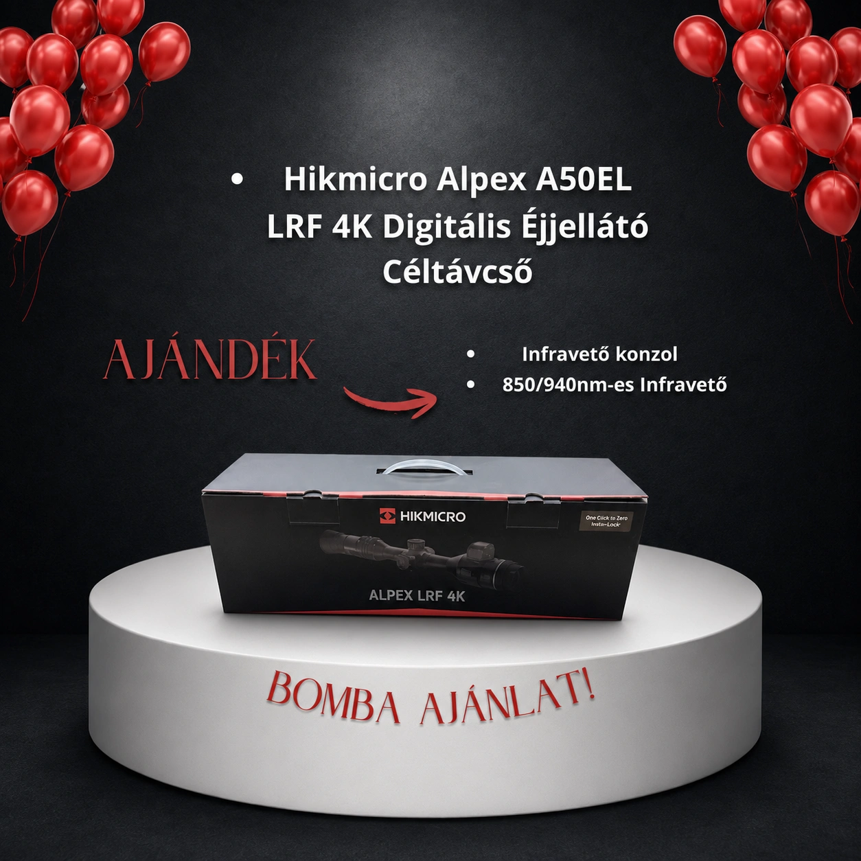 Hikmicro Alpex A50EL LRF 4K + AJÁNDÉK Infravető konzol + 850/940nm-es Infravető — Digitális éjjellátó céltávcső beépített lézeres távolságmérővel
