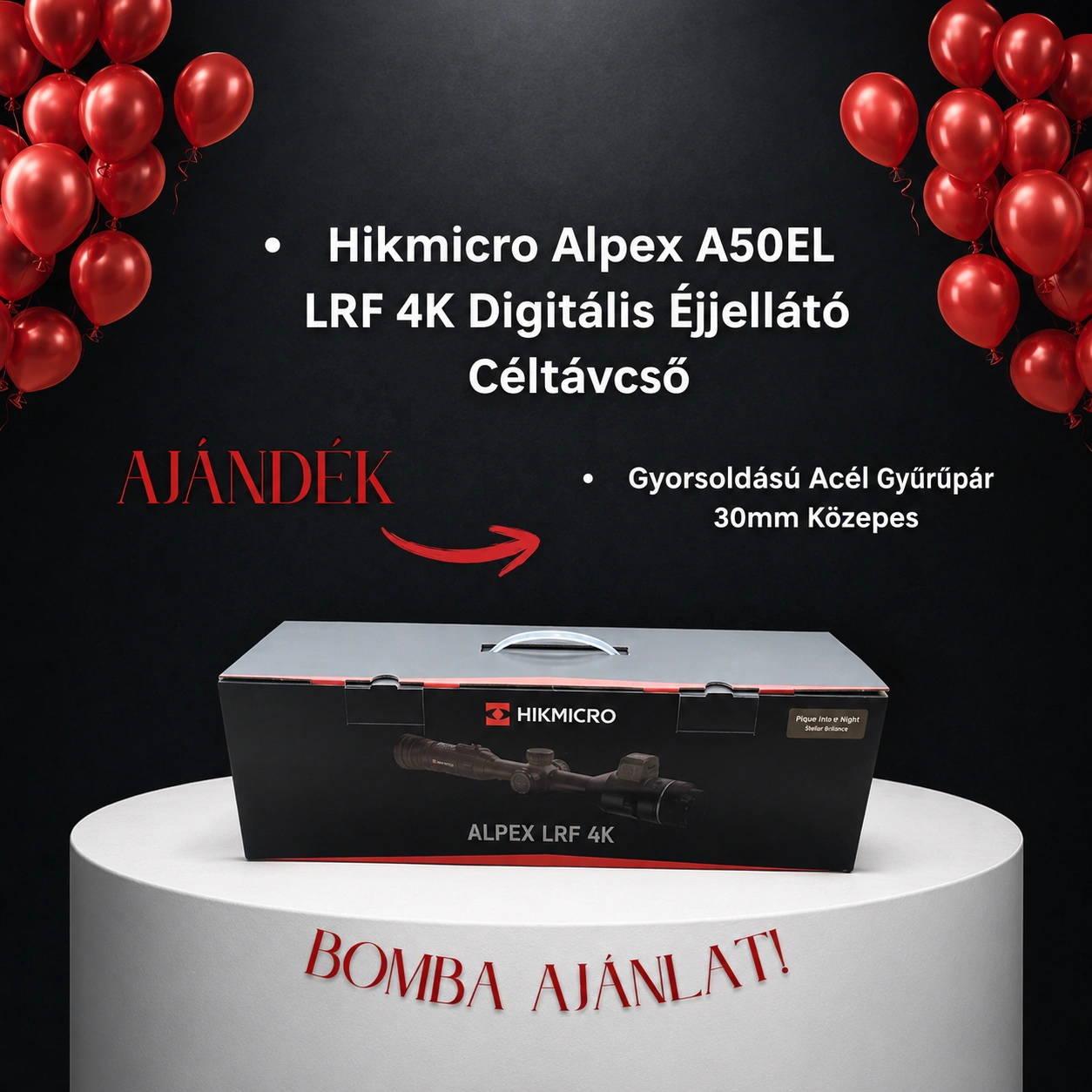Hikmicro Alpex A50EL LRF 4K + AJÁNDÉK Gyorsoldású Acél Gyűrűpár 30mm Közepes — Digitális éjjellátó céltávcső beépített lézeres távolságmérővel